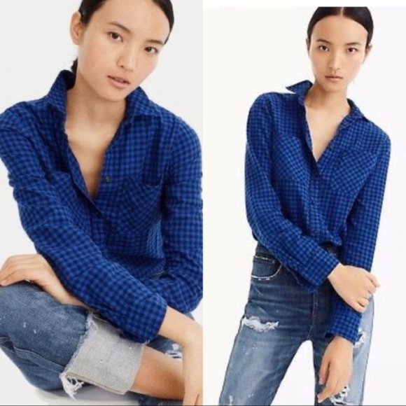 J. Crew Tops - J. Crew Blue Flannel Mini Buffalo Check Button Down